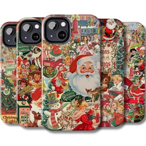 Könnte beinhalten: Eine Sammlung von iPhone-Hüllen mit einem Vintage-Weihnachtsthema. Jede Hülle zeigt eine Collage festlicher Bilder, darunter der Weihnachtsmann, Rentiere, Schneemänner und Retro-Illustrationen. Die Hüllen sind mit Weihnachtsgrüßen und dekorativen Elementen verziert.