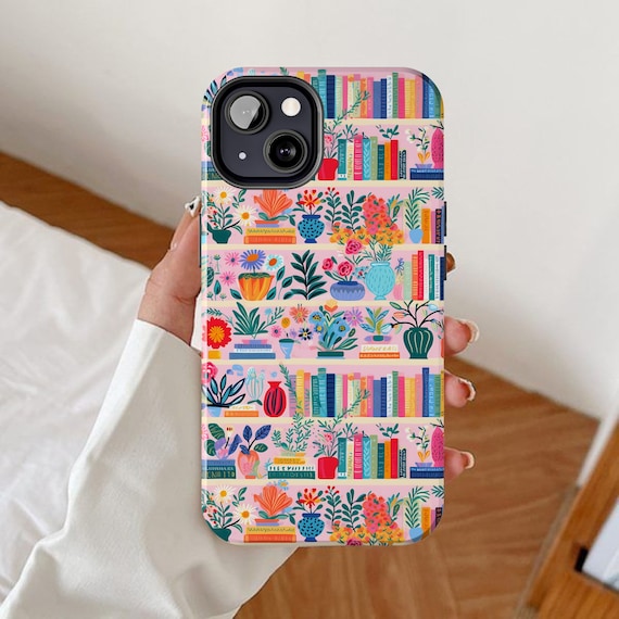 Pastel Bookshelf Phone Case, Floral Bookish iPhone Cases, Books