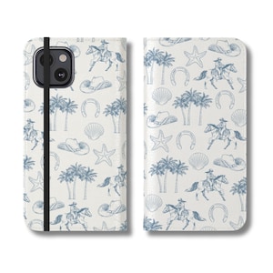 Étui pour téléphone à rabat cow-girl côtière, portefeuille en toile de Jouy française, cadeaux pour iPhone, thème western bleu, cadeau plage Far West, cow-boy de rodéo d'été