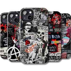 Peut inclure: Plusieurs coques de téléphone sur le thème du punk rock. Les coques présentent un collage d'images, de textes et de graphiques en noir et blanc, notamment des crânes, des symboles d'anarchie et des logos de groupes. Pour smartphone.