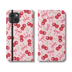 Funda para teléfono tipo billetera con tapa coqueta, regalos con temática de cerezas, lazo de cinta para iPhone, regalo femenino para ella, diseño de cerezas con frutas de color rosa Balletcore