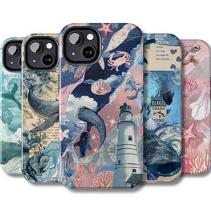 May include: Five smartphone cases featuring collage-style designs with ocean themes. The cases display various marine life including whales, dolphins, sharks, jellyfish, crabs, and sea turtles, alongside a lighthouse, seashells, and text fragments.