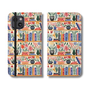 Funda para teléfono con estantería inspirada en Matisse, diseño floral de libros, billetera plegable para iPhone, regalo estético con flores y libros, funda para Samsung Galaxy con flores de Booktrovert