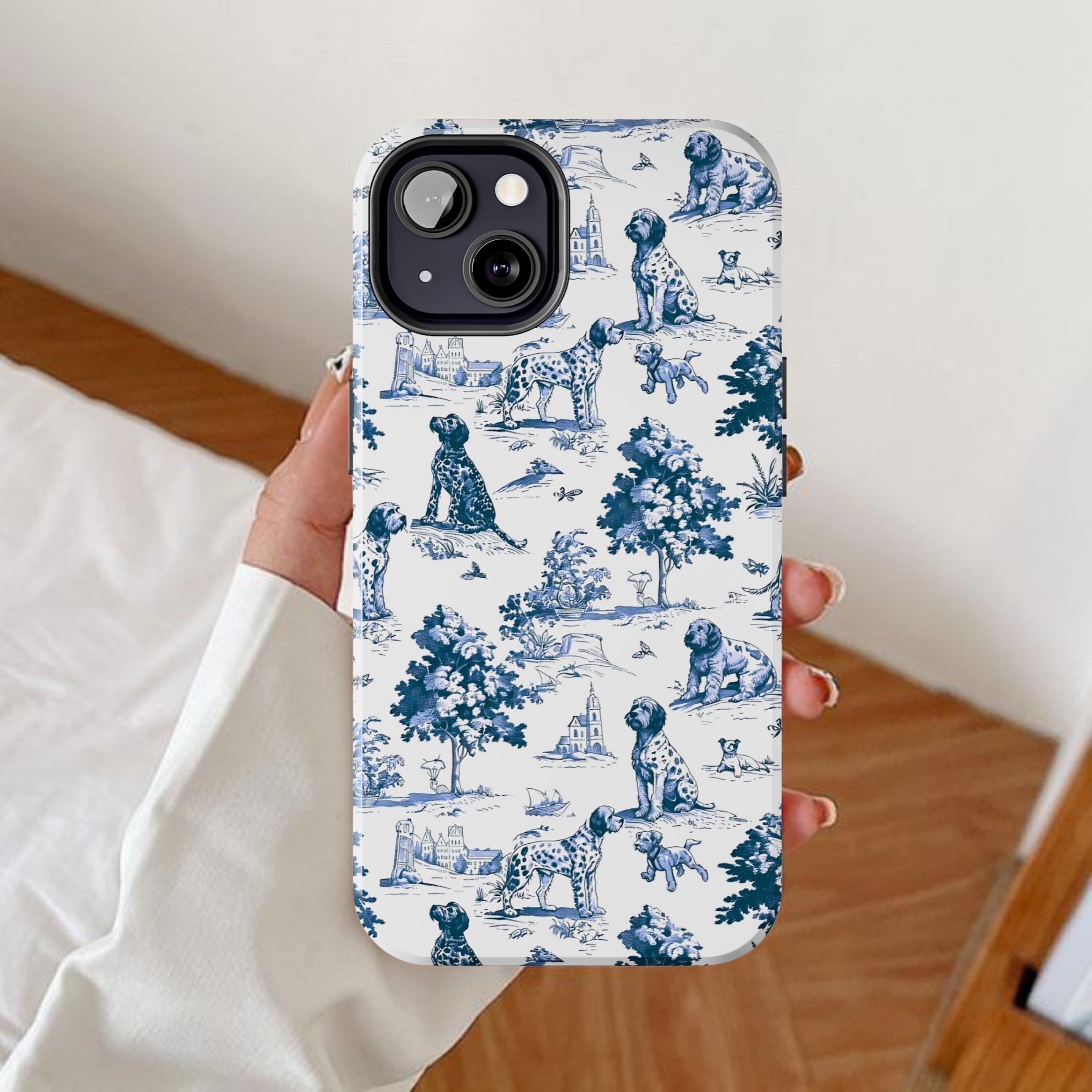Dog toile de jouy phone case, French country iPhone cover, Blue and white vintage Samsung galaxy, Animal lover gift, Pet puppy google pixel