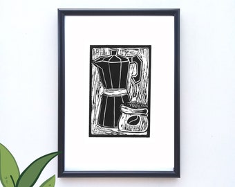 Handprinted ECO Linoprint Coffee Maker Lovers Espresso Wall Art Handmade Print Gift