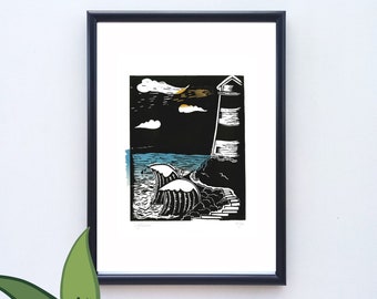 Handprinted ECO Linoprint Lighthouse Seaside Ocean Linocut Cliffs Sea Lover Wall Art Handmade Print Gifts