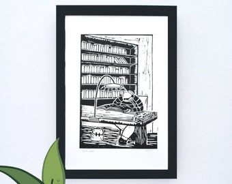 Linogravure écologique imprimée à la main pour amoureux des livres, bibliothèque de lecture, linogravure sans cadre, cadeaux faits main gratuits