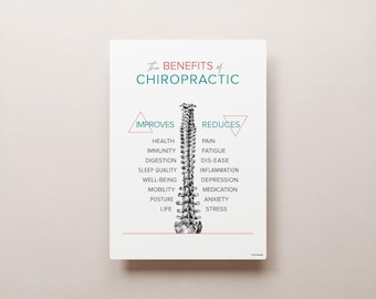 May include: A black and white illustration of the human spine with text on either side. The text on the left side reads "Improves" and lists benefits of chiropractic care, including health, immunity, digestion, sleep quality, well-being, mobility, posture, and life. The text on the right side reads "Reduces" and lists benefits of chiropractic care, including pain, fatigue, dis-ease, inflammation, depression, medication, anxiety, and stress.