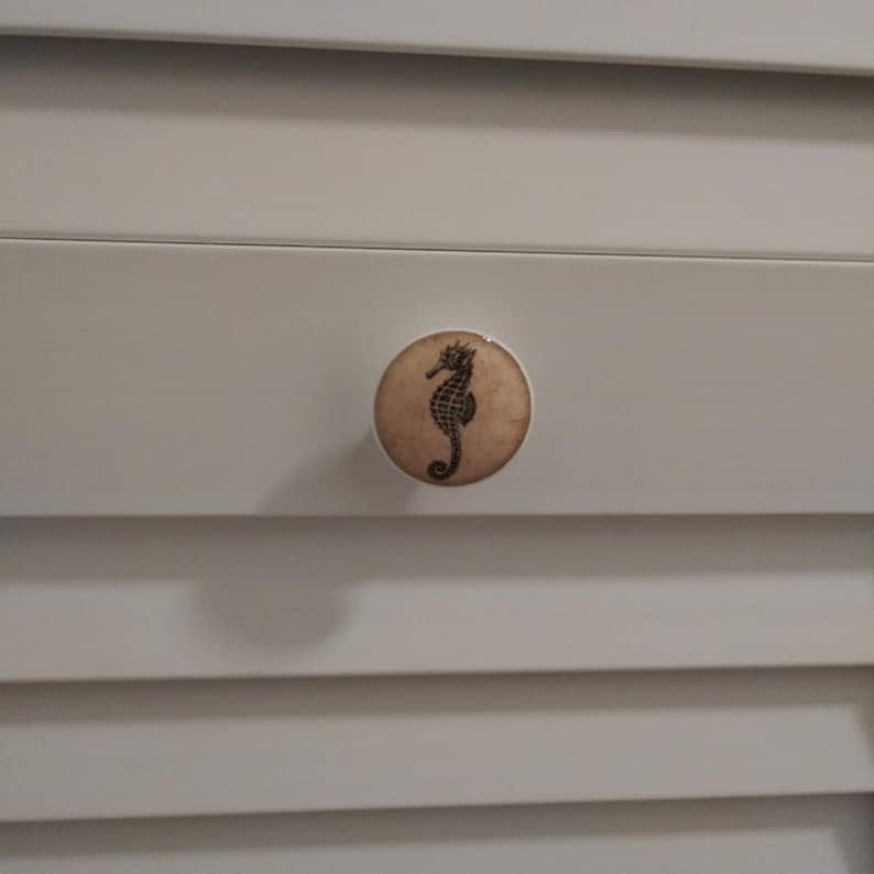 以下が含まれることがあります： 黒いタツノオトシゴのデザインが施された丸いノブが付いた白いキャビネットのドアです。