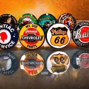 Vintage Automobile Sign Knob & Pull Set for Cabinets, Dresser Drawers, Desk, Oil Company Memorabilia Decor - Unique Gift for Car Enthusiasts