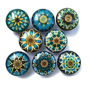 Turquoise Mandala Knobs / Set of 2 or More / Drawer Pull / Cabinet Knob / Office Desk Knob / Furniture Pull / Kitchen Knob / 1.5&quot; Wood Knob