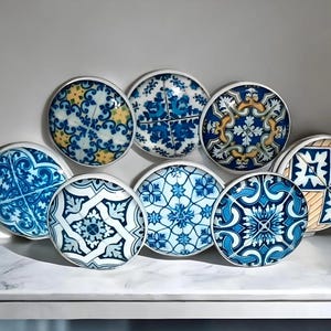 Handmade Blue Azulejos Cabinet Knobs, Talavera Dresser Drawer Pulls, Customizable Sets