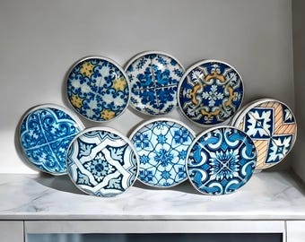 Blue Azulejos Cabinet Knobs, Talavera Dresser Drawer Pulls, Handmade Customizable Sets