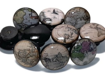 Vintage World Map Knob Set - Kitchen Cabinet, Knob & Pull for Pantry, Bifold Door, Dresser Drawer, Furniture - Desk Drawer, Home Decor Gift