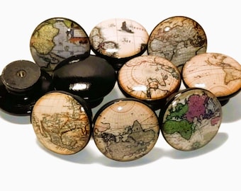 Vintage World Map Knob Sets, Kitchen Cabinet and Furniture Hardware, Nautical Inspired Pulls
