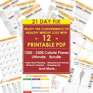 21 Day Meal Planner 1200, 1500, 1800, 2100, 2300 Calories Tracker, Grocery List, Measurement Tracker, Workout Calender - Download now