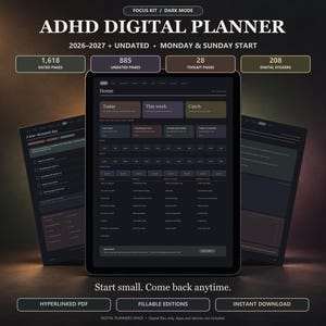 Dark Mode ADHD Digital Planner 2026 and 2027 + Undated, GoodNotes iPad, Low-Demand Days, Fillable PDF