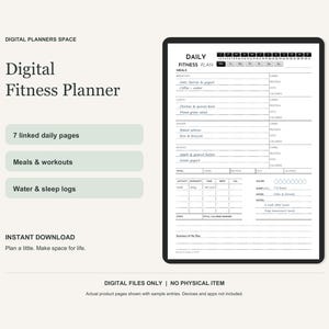 Digital Fitness Planner for iPad, Hyperlinked Daily Workout Log, Meal and Water Tracker