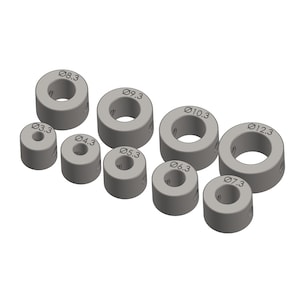 May include: A collection of ten gray cylindrical rings with varying outer diameters, ranging from 0.33 to 12.3 mm. Each ring has a central hole and is labeled with its diameter in millimeters.