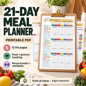 21-Day Meal Planner Printable PDF, Calorie & Food Tracker, Grocery Lists, Measurement and Workout Planner Bundle (Digital Download)