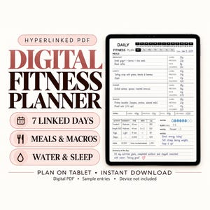 Digitale fitnessplanner voor iPad, dagelijks trainingslogboek met hyperlinks, maaltijd- en waterregistratie.