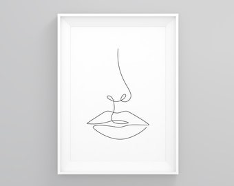 Può includere: Un disegno in bianco e nero di un viso con naso e labbra. Il disegno è semplice e minimalista.