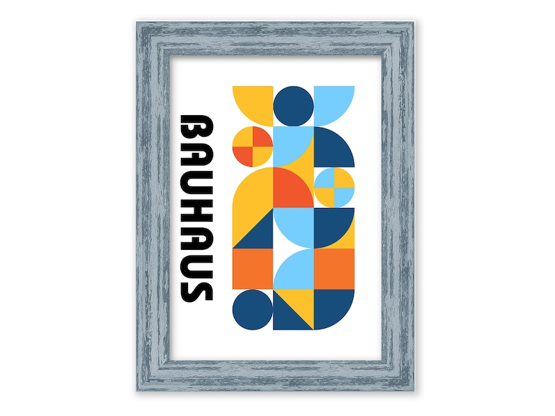 May include: A framed print with a geometric design in shades of yellow, blue, red, and orange. The word "Bauhaus" is printed in black on the left side of the print.
