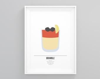 Bramble Cocktail Print, Gin-Liebhaber-Geschenk, Cocktail Poster, gerahmte Wandkunst, Küche, Drucke in der Küche, Kunstdrucke zu Hause, gerahmter Druck