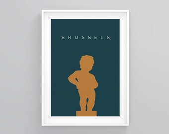Brussels Travel Wall Art, Manneken Pis Brussels, Art Deco Travel Posters Poster, Belgium Print, Brussels Travel Poster, Travel Gift
