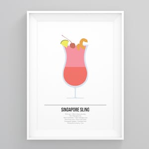 K&ouml;nnte beinhalten: Ein druckbarer Kunstdruck mit einer farbenfrohen Illustration eines Singapore Sling Cocktails in einem hohen Glas mit einer Kirsch- und Orangenscheiben-Garnitur. Unter der Illustration steht der Text "SINGAPORE SLING", gefolgt von den Zutaten: "Gin, Gin, Kirschlik&ouml;r, Limettensaft, Ananassaft, Sodawasser, Orangenscheibe, Maraschinokirsche."