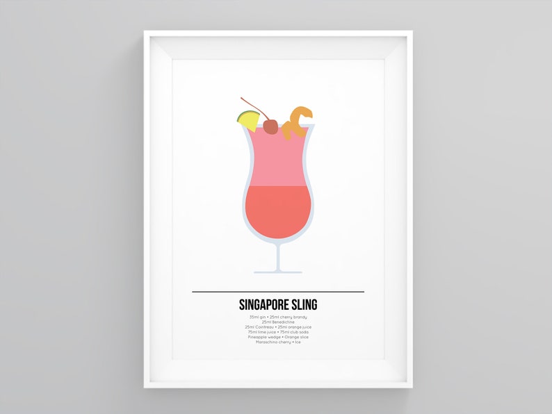 K&ouml;nnte beinhalten: Ein druckbarer Kunstdruck mit einer farbenfrohen Illustration eines Singapore Sling Cocktails in einem hohen Glas mit einer Kirsch- und Orangenscheiben-Garnitur. Unter der Illustration steht der Text "SINGAPORE SLING", gefolgt von den Zutaten: "Gin, Gin, Kirschlik&ouml;r, Limettensaft, Ananassaft, Sodawasser, Orangenscheibe, Maraschinokirsche."