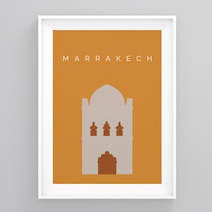 May include: A minimalist poster with a yellow background and a gray silhouette of a building with a domed roof. The text "MARRAKECH" is printed in white at the top of the poster.