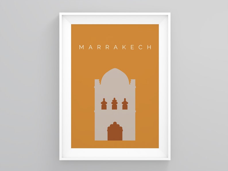 May include: A minimalist poster with a yellow background and a gray silhouette of a building with a domed roof. The text "MARRAKECH" is printed in white at the top of the poster.