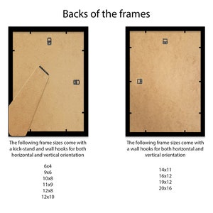 May include: Two black picture frames showing the backs. One has a kickstand and wall hooks, the other has wall hooks. Text lists frame sizes: 6x4, 9x6, 10x8, 11x9, 12x8, 12x10, 14x11, 16x12, 19x12, and 20x16.