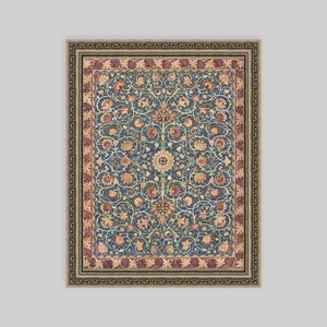 May include: A framed print of a vintage rug with a blue background and intricate floral patterns in shades of red, yellow, and green.