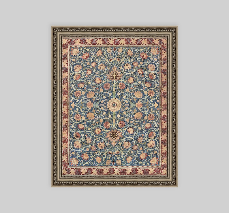 May include: A framed print of a vintage rug with a blue background and intricate floral patterns in shades of red, yellow, and green.