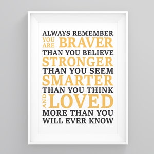 Ricorda sempre che sei più coraggioso, arte murale tipografica, poster incorniciati, poster per bambini, arte con citazioni positive, decorazioni motivazionali, poster con citazioni