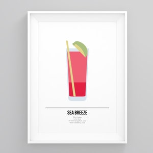 Impresión de cócteles, receta de brisa marina, póster enmarcado, obra de arte minimalista, arte de pared para comedor, impresiones divertidas para la cocina, póster para el comedor