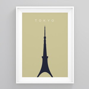 May include: A minimalist poster with a beige background and a black silhouette of the Tokyo Skytree. The text "TOKYO" is printed in white at the top of the poster.