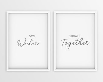 Save Water | Shower Together, Funny Toilet Print, Funny Bathroom Art, 2 Piece Framed Print, Set Of 2 Wall Art, Digital Print, Modern Minimal