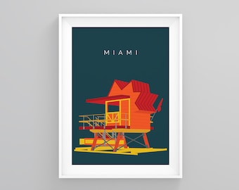 May include: A teal blue poster with the word "MIAMI" in white text at the top. A red and orange lifeguard stand is in the center of the poster.