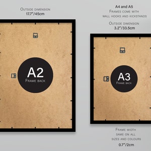 May include: Two black picture frames with brown cardboard backing. The larger frame is labeled "A2" with an outside dimension of 24.8 inches by 63 centimeters. The smaller frame is labeled "A3" with an outside dimension of 18 inches by 45.5 centimeters. Both frames come with wall hooks and kickstands. The frame width is 0.7 inches or 2 centimeters.