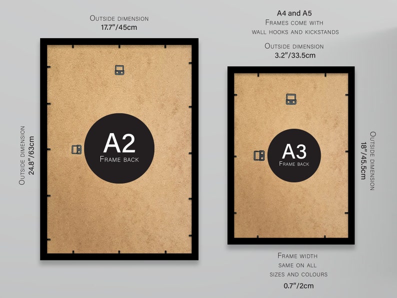 May include: Two black picture frames with brown cardboard backing. The larger frame is labeled "A2" with an outside dimension of 24.8 inches by 63 centimeters. The smaller frame is labeled "A3" with an outside dimension of 18 inches by 45.5 centimeters. Both frames come with wall hooks and kickstands. The frame width is 0.7 inches or 2 centimeters.