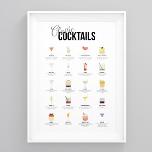 Classic Cocktails Drinks Poster, gerahmter Cocktaildruck, Küchendrucke, Wohndekor, Wandkunst für die Hausbar, Getränkerezepte Poster, Mixologie