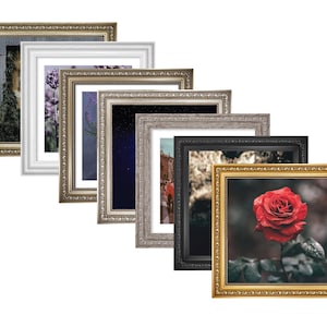 May include: A set of six ornate picture frames in various sizes and colours, including gold, silver, and black. The frames are all decorated with intricate details and have a vintage look. The frames are arranged in a staggered pattern, with the largest frame at the top and the smallest frame at the bottom.