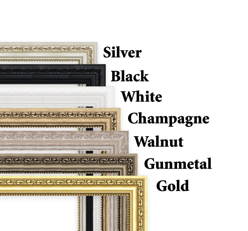 May include: A set of eight picture frames in different colors, including silver, black, white, champagne, walnut, gunmetal, and gold. The frames are all the same size and have a decorative, ornate design.