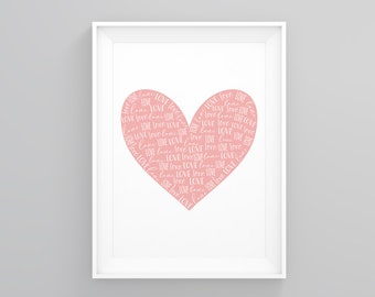 Love Heart, Heart Art Print, Engagement Gift, Scandinavian Art, Minimalist Print, Gift for Her, Love Poster, Minimal Typography, Home Print