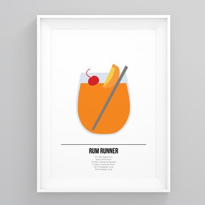 May include: A printable poster with a minimalist illustration of a Rum Runner cocktail. The poster includes the cocktail's name and a list of ingredients: 57 ml Aged Rum, 29 ml White Rum, 15 ml Cr&egrave;me de Cassis, 15 ml Orange Cura&ccedil;ao, 29 ml Orange Juice.