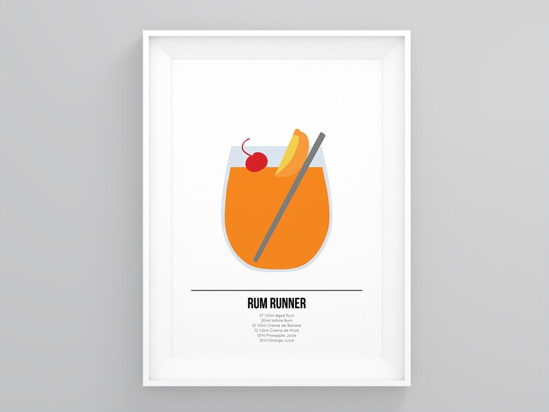 May include: A printable poster with a minimalist illustration of a Rum Runner cocktail. The poster includes the cocktail's name and a list of ingredients: 57 ml Aged Rum, 29 ml White Rum, 15 ml Cr&egrave;me de Cassis, 15 ml Orange Cura&ccedil;ao, 29 ml Orange Juice.
