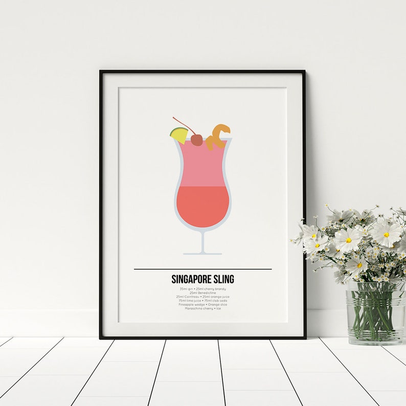 K&ouml;nnte beinhalten: Ein druckbarer Poster mit einer minimalistischen Illustration eines Singapore Sling Cocktails in einem Hurricane-Glas. Das Poster enth&auml;lt den Namen des Cocktails und das Rezept: 6 cl Gin, 3 cl Kirschlik&ouml;r, 1,5 cl Cointreau, 1,5 cl Orangensaft, 1,5 cl Limettensaft, 1,5 cl Club Soda, 1 Maraschino-Kirsche, 1 Limettenspalte, 1 Orangenscheibe.